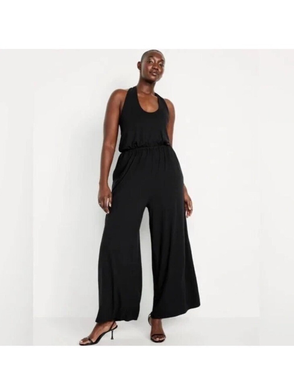 OLD NAVY NWT XL FLOWY JERSEY Black Wide-Leg Waist-Defined Halter Jumpsuit